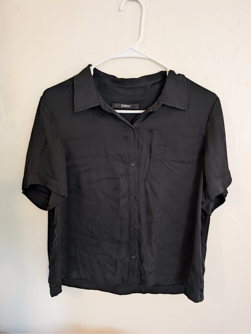 Quince Washable Stretch Silk Short Sleeve Notch Collar Blouse Black S/M Shirt